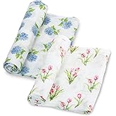LollyBanks Muslin Swaddle Blankets 2PACK, 100% Cotton Baby Blanket 47 x 47 Inches, Large Baby Swaddle Breathable, Muslin Blankets for Girls (Hydrangea and Tulip Print)