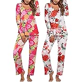 Ekouaer Womens 2 Pack Pajama Set Long Sleeve Pajamas Top and Pants V Neck Pjs Set Soft Sleepwear Loungewear