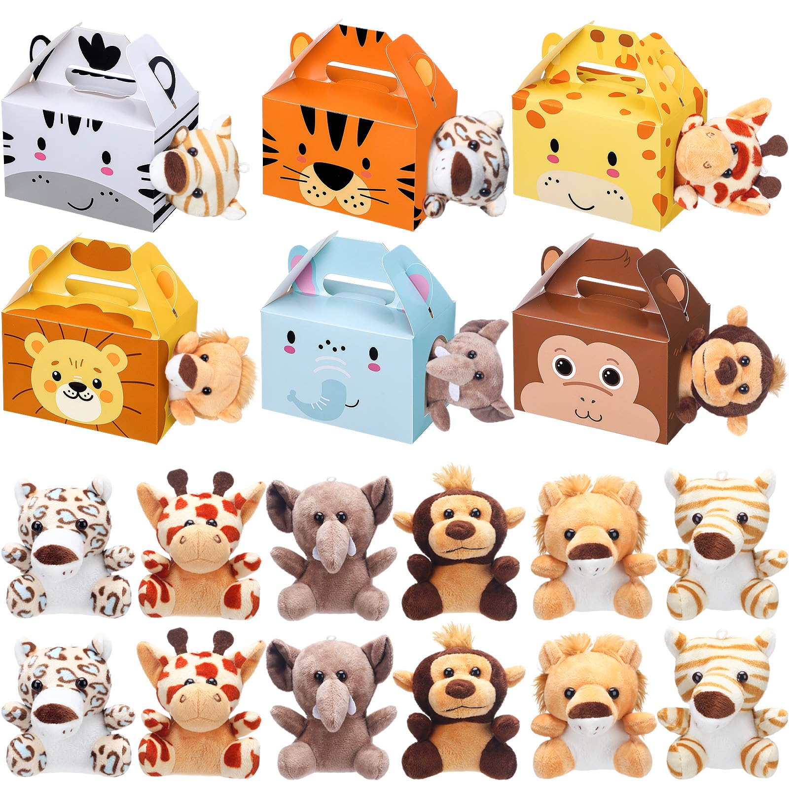 Photo 1 of Fainne 12 Pcs Jungle Themed Favors Boxes with 12 Pcs Mini Plush Set Jungle Treat Boxes Foldable Gift Boxes Jungle Theme Stuffed Animal for Birthday Party Supplies Decoration