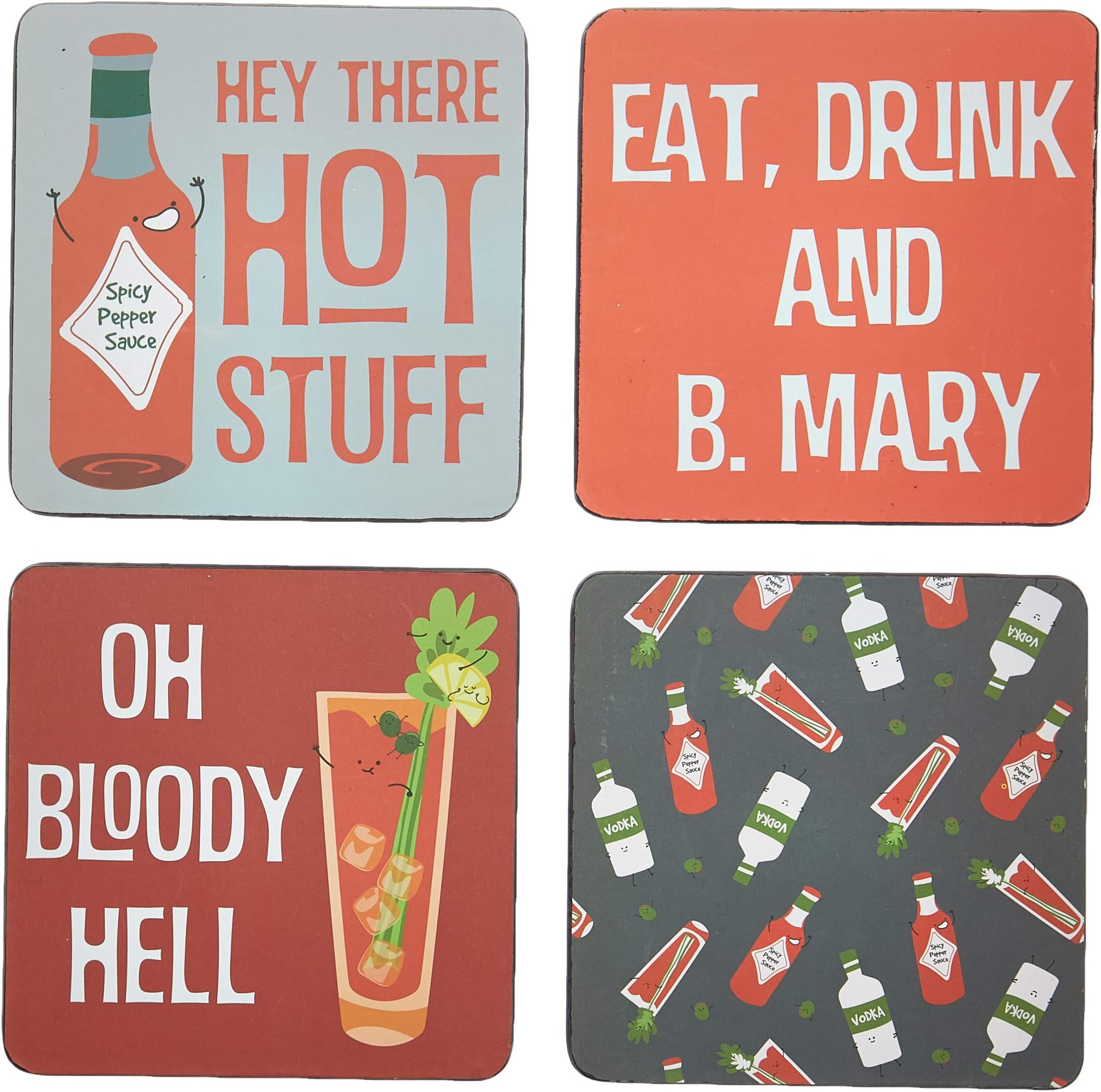 Pavilion - Bloody Mary - 4 Piece Sentiment, Pattern and Character Coaster Set With Box Holder - 4 Inch