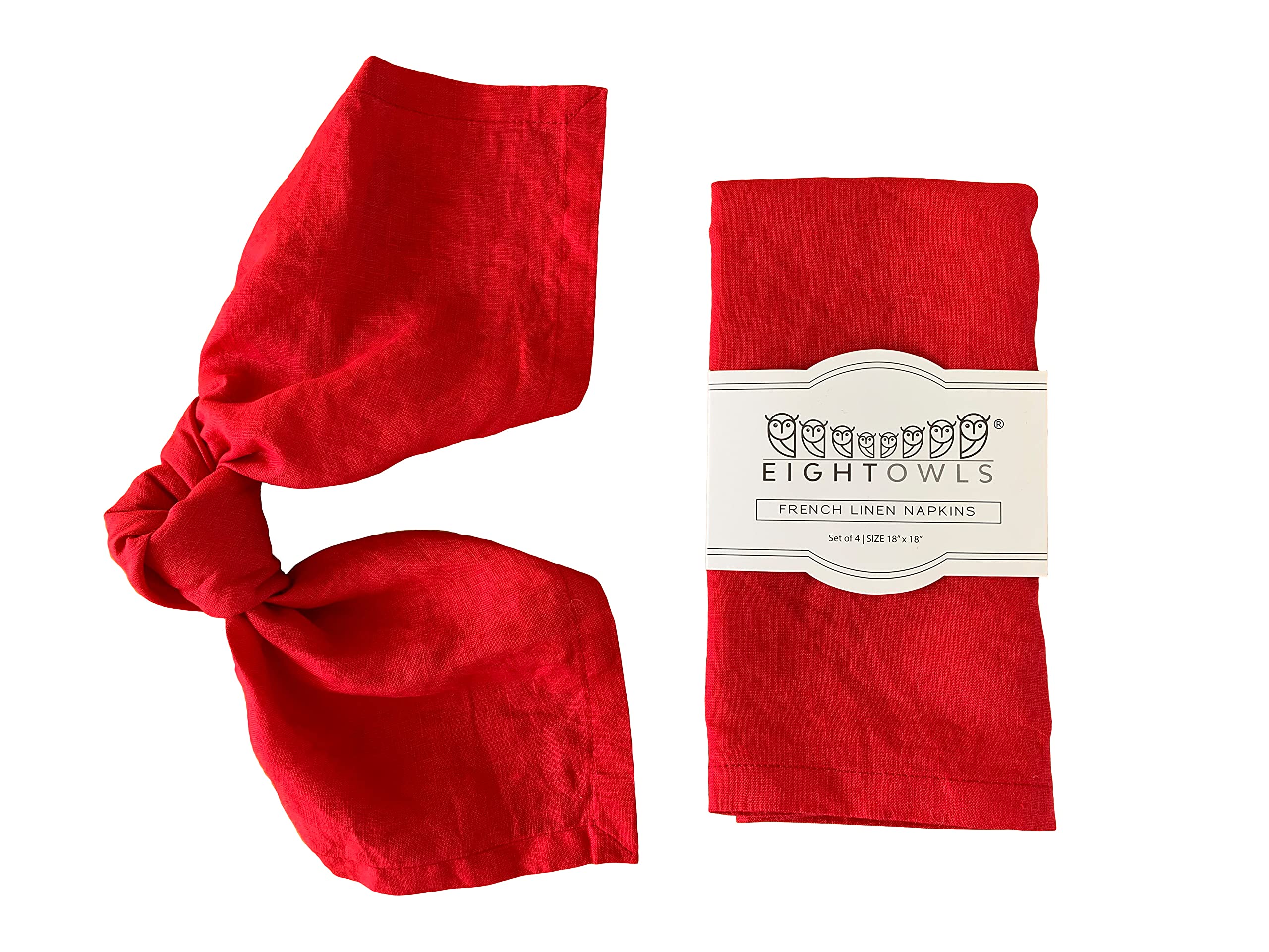 Eight Owls Linen Napkins – 100% Pure Stonewashed Linen Cloth Napkins – Mitered Corners - Size 45 cm x 45 cm – Set of 4 (Rich Red)