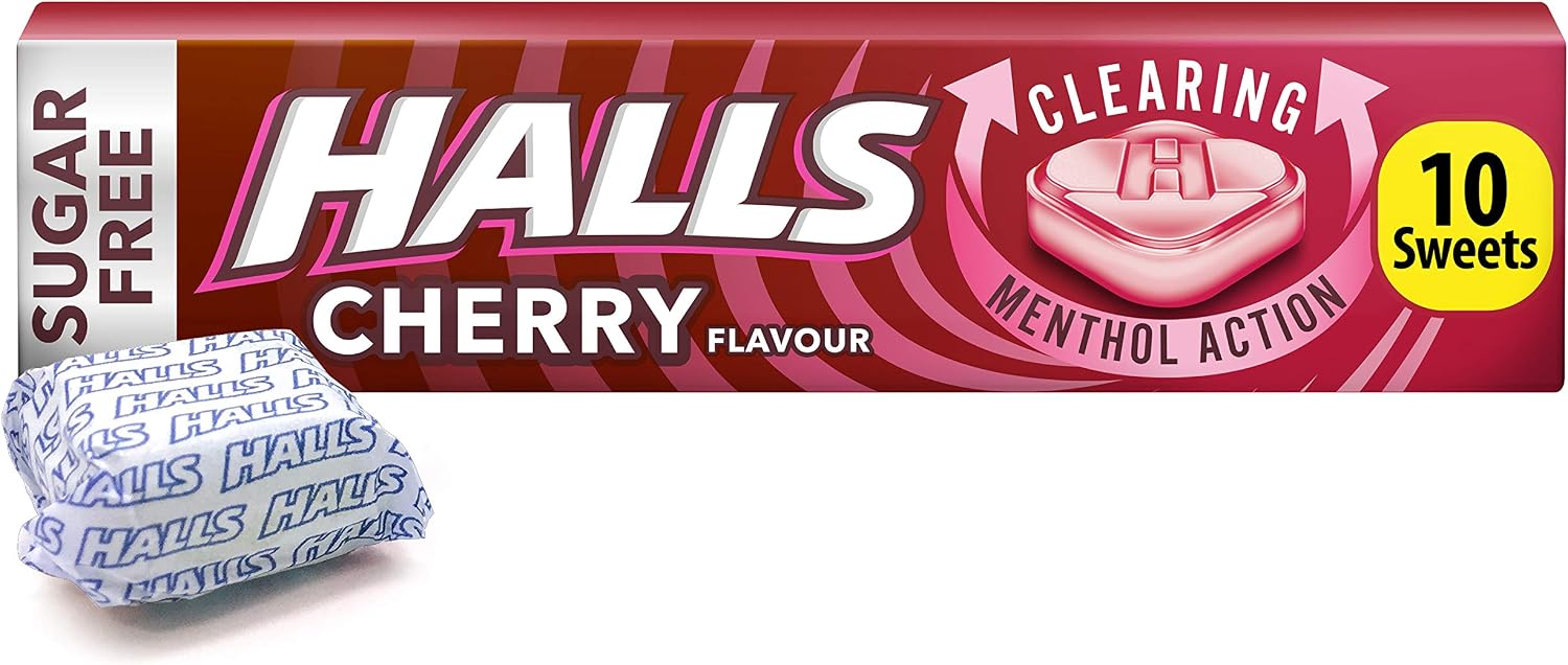 Halls Sugar Free Cherry Flavour with Clearing Menthol Action Sweets, 32g, Pink, 32 g (Pack of 1)
