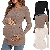 Cutecrop 3 Pack Women Maternity Tops Long Sleeve Pregnancy Ribbed Knit Shirts Crew Neck Nursing Casual Breastfeeding Clothes