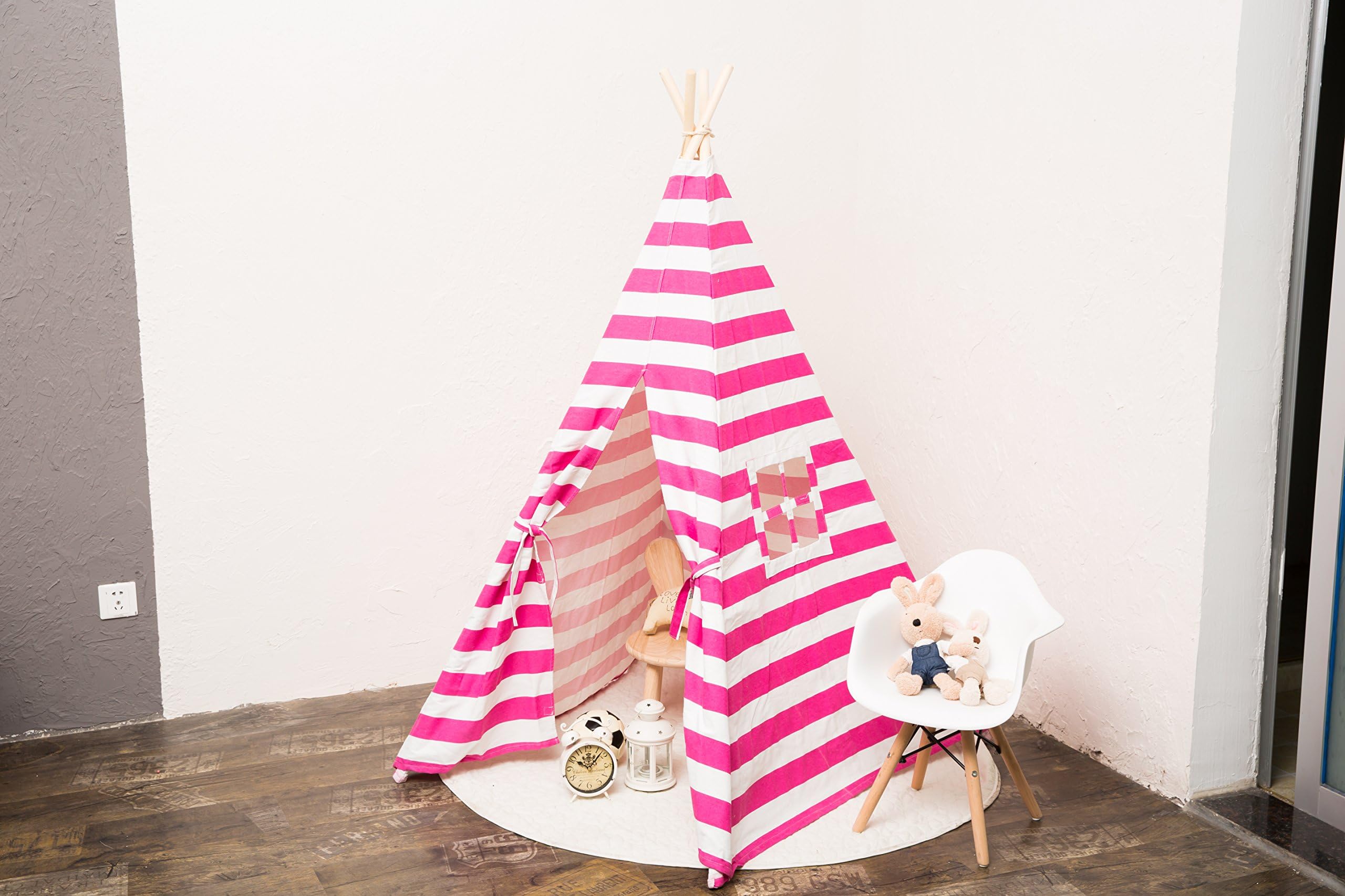 small boy XWT Kids Teepee Play Tent Cotton Canvas Child Indian Teepee Tent with Stripe Playhouse for Kids Indoors Outdoors with Carry Bag (Pink Pinstripe)