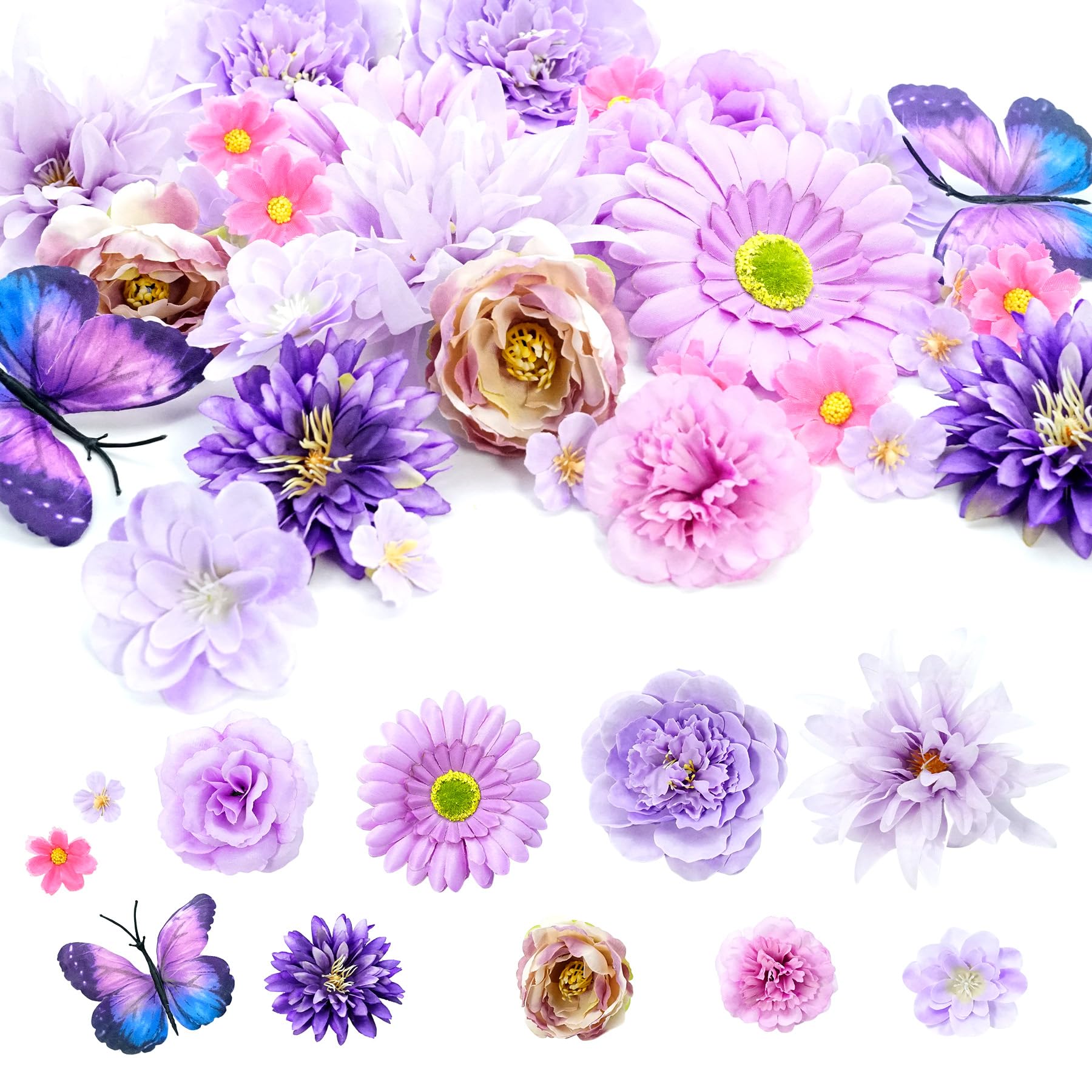 Photo 1 of Philbinden 32PCS Fake Flowers Heads,Mini Artificial Flower Heads Bulk for Crafts Garland Wedding Party Home Decoration DIY Hair Cap Dresses Decoration (Purple, Medium)