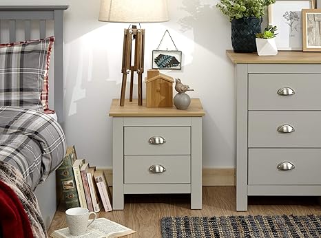 Home Source Bedside Cabinet Grey Oak 2 Drawer Two Tone Night Stand