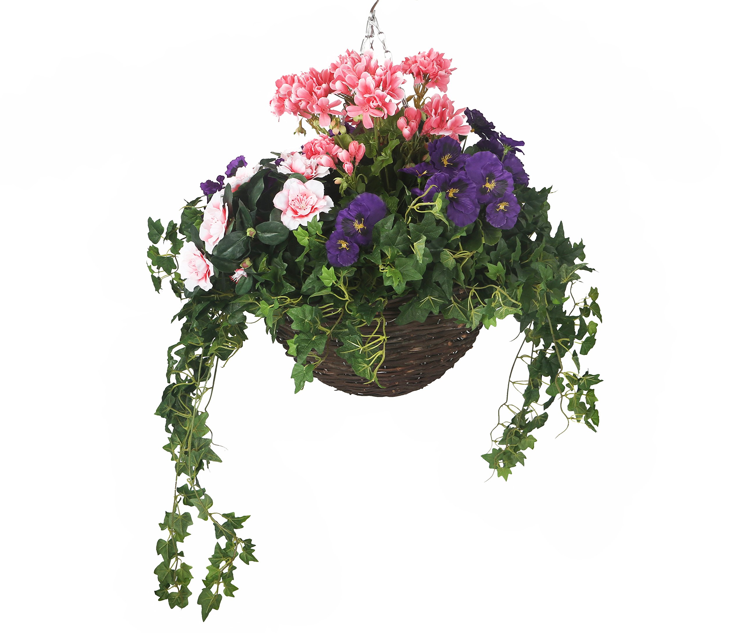 Closer2Nature Artificial Purple Pansy, Pink Azalea and Geranium Display in a 14" Round Willow Hanging Basket