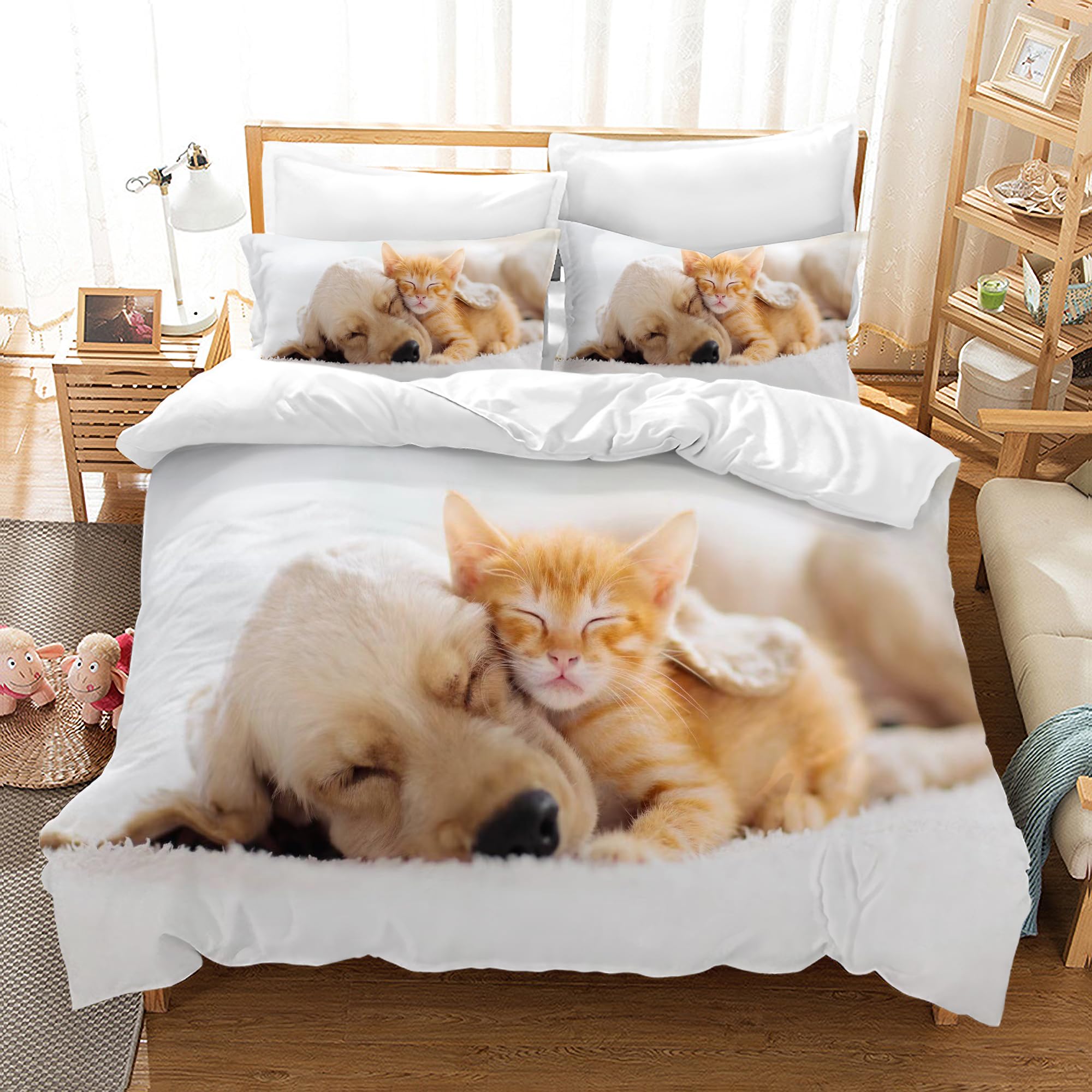 UGZDEA Cat Bed Linen Set220x240cm, Cute 3D Pet Cat Soft Microfibre Quilted Board Set Girls Boys Children Bedding with Duvet Cover and Pillowcase (King（220x240cm）, D)