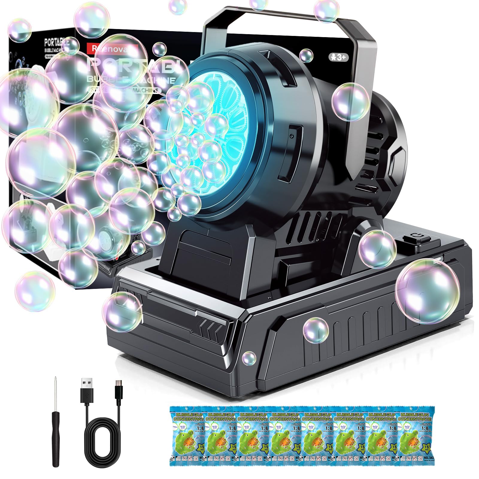 Photo 1 of (DAMAGED) Reenovan Bubble Machine – 10-Hole Automatic Bubble Blower, 20000+ Bubbles Per Minute, Plug-in or Battery Operated, Portable for Kids, Outdoor Parties, Weddings & Birthdays