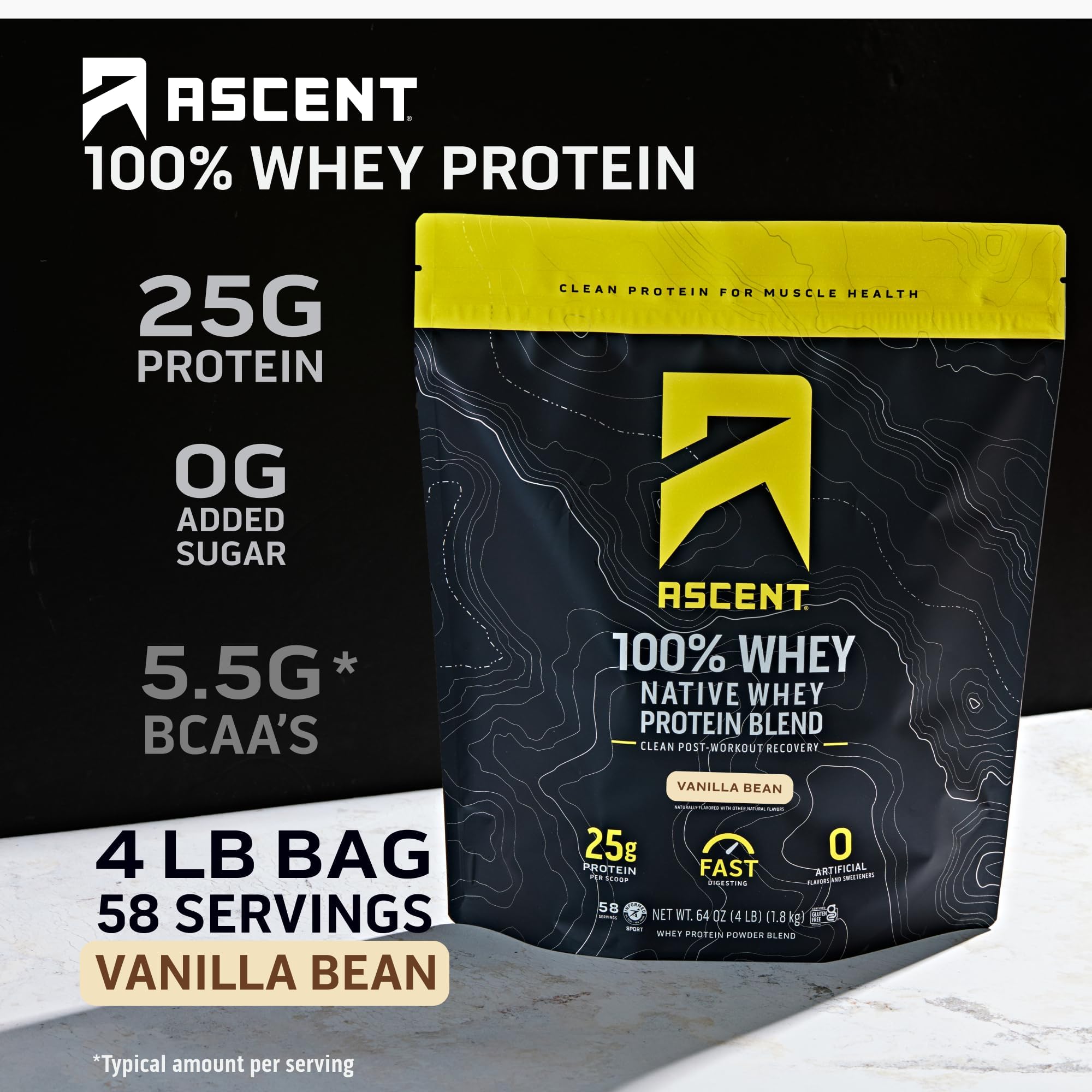 Ascent 100% Whey, Native Whey Protein Blend - Clean Post Workout Recovery, Digesting, Zero Artificial Flavors & Sweeteners, Gluten Free, 5.5g BCAA, 2.6g Leucine, Vanilla Bean 4 lb.