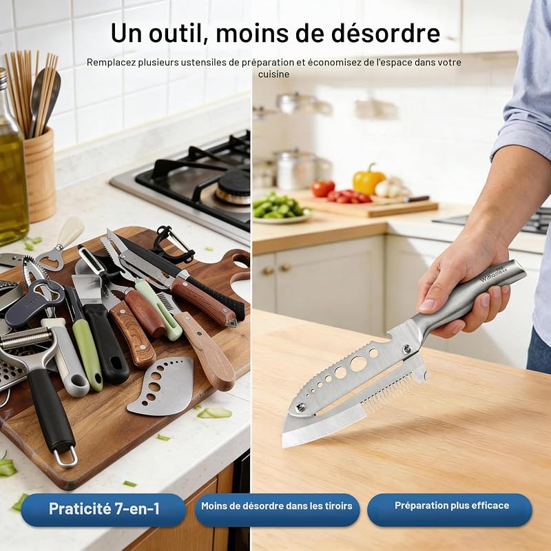 Éplucheur à Légumes 7 en 1 en Acier Inoxydable pour Cuisine, Économe Pomme de Terre, Herbes et Ciboule, Écailleur à Poisson, Soulève-Couvercle, Décapsuleur, Droitier — photo 5 sur 6