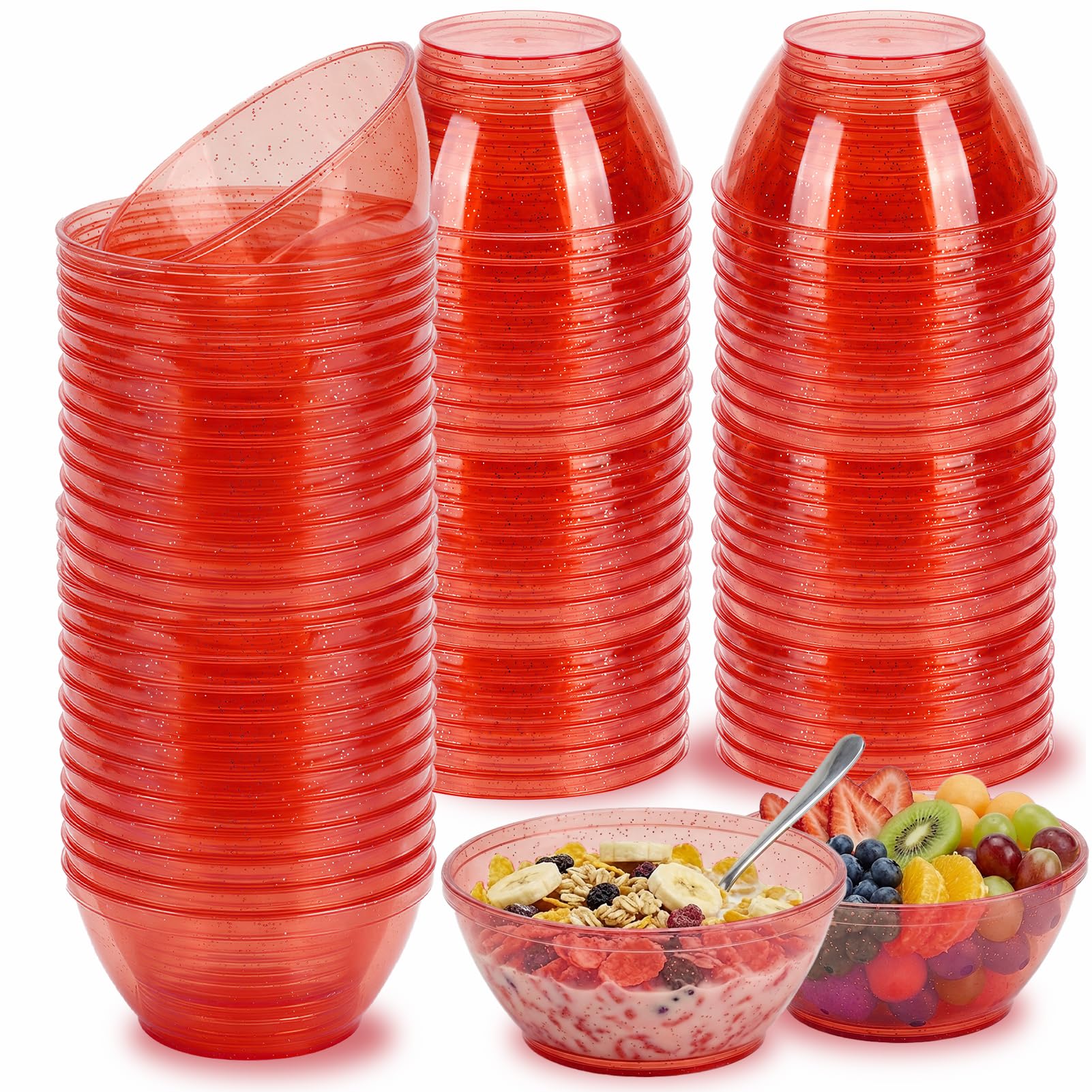 Photo 1 of 100 Pack 6oz Glitter Red Disposable Plastic Bowls ,Glitter Small Bowls for Ice Cream, Candy, Soup, Salsa, Fruit. Great for Parties Birthday Valentine Day Weddings Baby Showers Holiday Events.(Red)