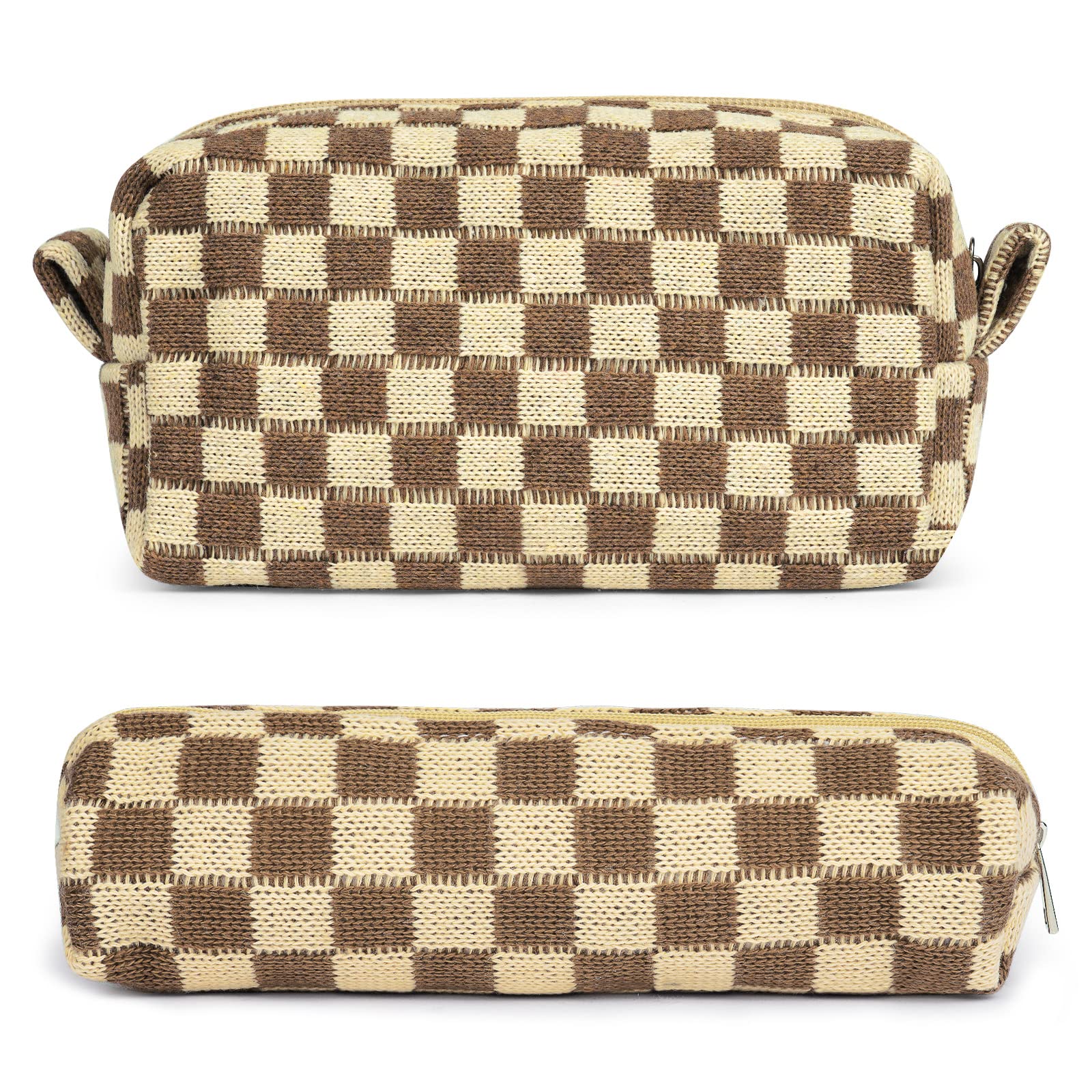 Aucuu 2 Pcs Makeup Bag Checkered Cosmetic Bag & Pencil Case, Portable Travel Toiletry Bag with Premium Zipper, Fashion Makeup Storage Bag for Women - Large Capacity (Light Brown)