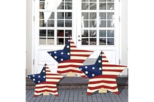 Rotatingpals 3 Pcs Patriotic Rustic Wooden Star Porch Signs Vintage 4th of July 3D Wood Stars Memorial Day Decorations 3 Size Red White Blue Standing Stars for Front Door Outside(Flag Pattern)