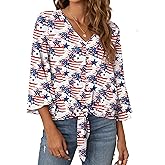 VIISHOW Women's Button V Neck Chiffon Tops 3/4 Bell Sleeve Tie Knot Casual Blouses Loose Summer Shirts