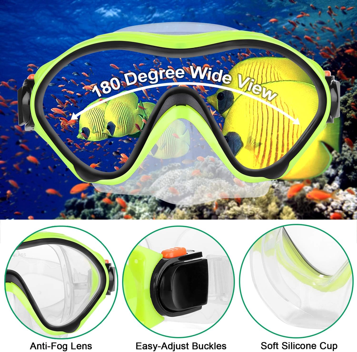Odoland 6-in-1 Kids Snorkeling Packages Snorkel Set, Anti-Fog and Anti-Leak Full Face Snorkel Mask with Adjustable Swim Fins, Beach Blanket and Waterproof Case for Boys and Girls Age 9-15 Yellow : Sports & Outdoors