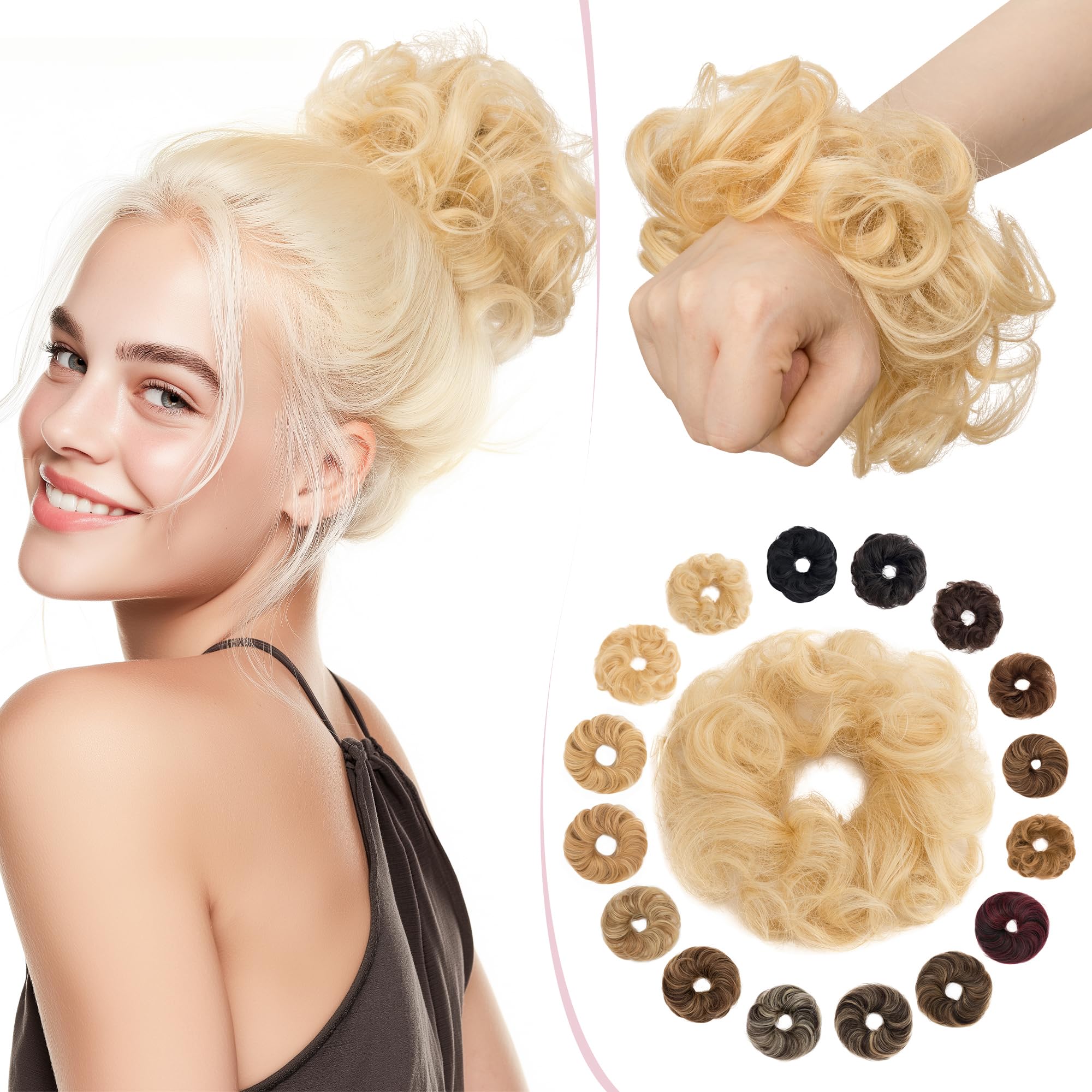 SEGO Human Hair Scrunchies for Women Hair Buns Hairpiece [#60 Platinum Blonde] Real Remy Updo Scrunchies Donut One Piece Hair Extension Chignons Curly Wavy (23g) — image 1