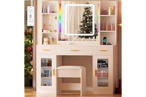 ANWBROAD Makeup Vanity Desk with Mirror 43.3" Girls Makeup Vanity Set with LED Lights and Power Strip White Vanities Dressing Table with 3 Drawers & 6 Storage Shelves Stool for Women Bedroom UBDT78M