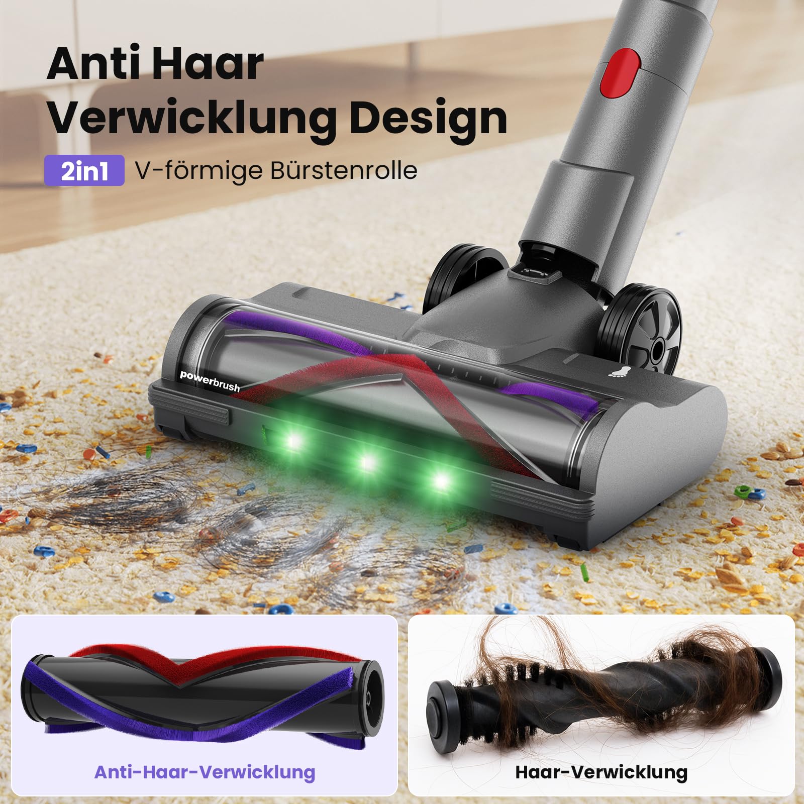 Circlio Akku Staubsauger, 600W/58000Pa/75Min, Laufzeit Staubsauger Kabellos mit Smart LED Display und Ladestation, Selbststehender Akkusauger mit Antitanglebürste für Teppich, Hartboden und Tierhaare 7