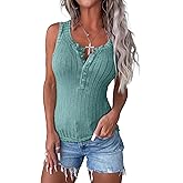 APOFER Women Tank Tops Lightweight Ribbed Knit Sleeveless T-Shirts Scoop Neck Snap Button Slim Fit Casual Henley Cami Shirt