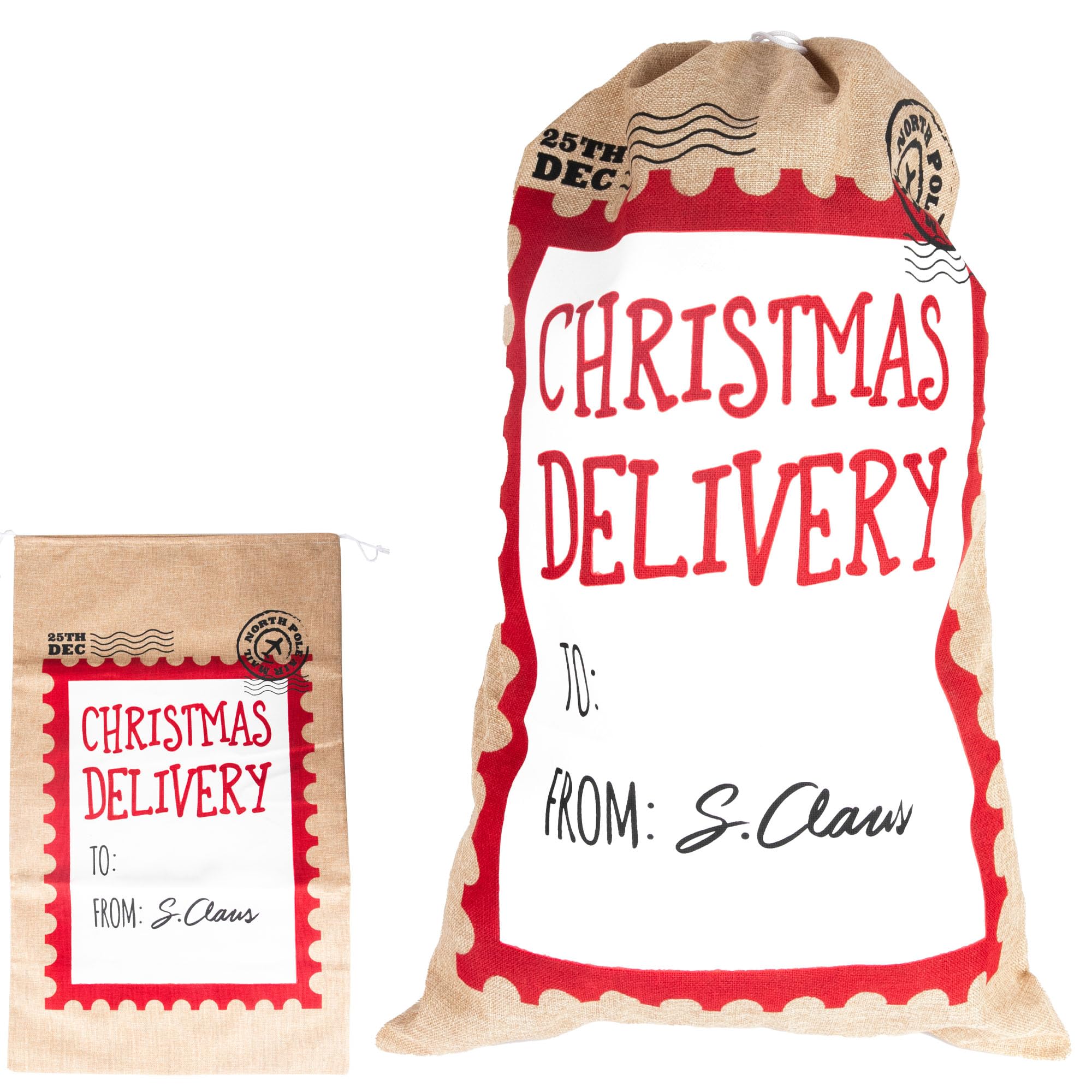 Large Delivery Santa Sack 48x78 cm - Hessian Stocking Filler Gift Bag with Drawstring, Personalized North Pole Design Christmas Accessories, Beige W/White