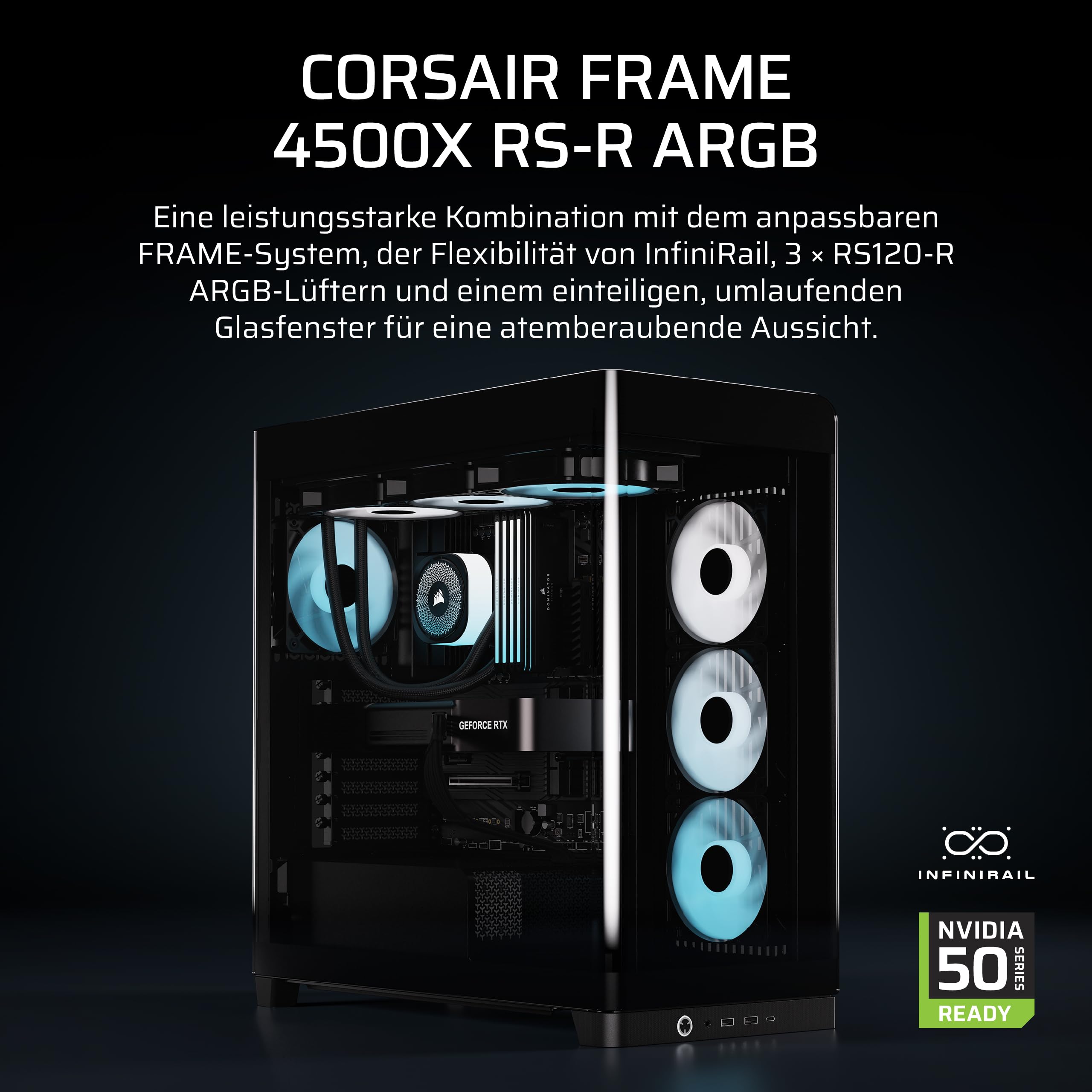 CORSAIR Frame 4500X RS-R ARGB Panoramaglas Mid-Tower-PC-Gehäuse – InfiniRail Lüftermontagesystem, Passend für Zwei 360 mm Radiatoren, GPU Anti-Sag, Enthält 3X RS120R RGB LINK Lüfter – Schwarz 2