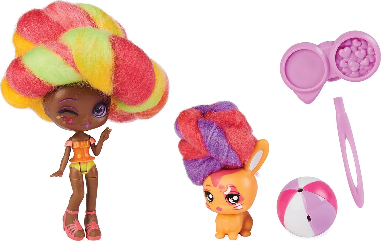 Candylocks 2-Pack, Posie Peach 75-cm Scented Collectible Doll and Pet with Accessories (Styles Vary), Grey