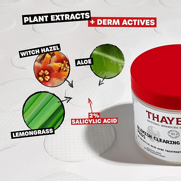 THAYERS BLEMISH CLEARING ACNE PADS, SALICYLIC ACID ACNE TREATMENT FOR FACE, PORE REDUCING, EXFOLIATING, AND SOOTHING SKINCARE, WITCH HAZEL TONER PADS, 60 CT