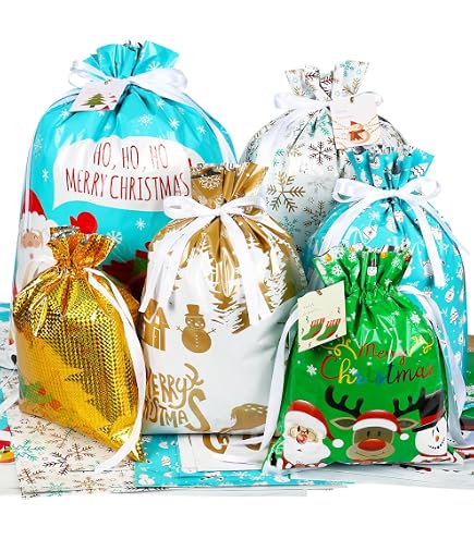 OILCUP Christmas Drawstring Gift Bags 28 Pcs - 4 Sizes & 8 Designs, Santa & Holiday Patterns - View #3