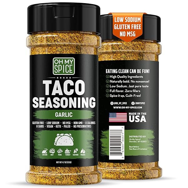 TACO SEASONING MIX GARLIC POWDER – GLUTEN FREE & LOW SODIUM MEXICAN SEASONING BLEND FOR TACO TUESDAY NIGHT. GARLIC AND HERB SEASONINGS FOR FAJITA & BURRITO. MEAT, CHICKEN & FISH TACOS TOPPINGS. 4.7OZ