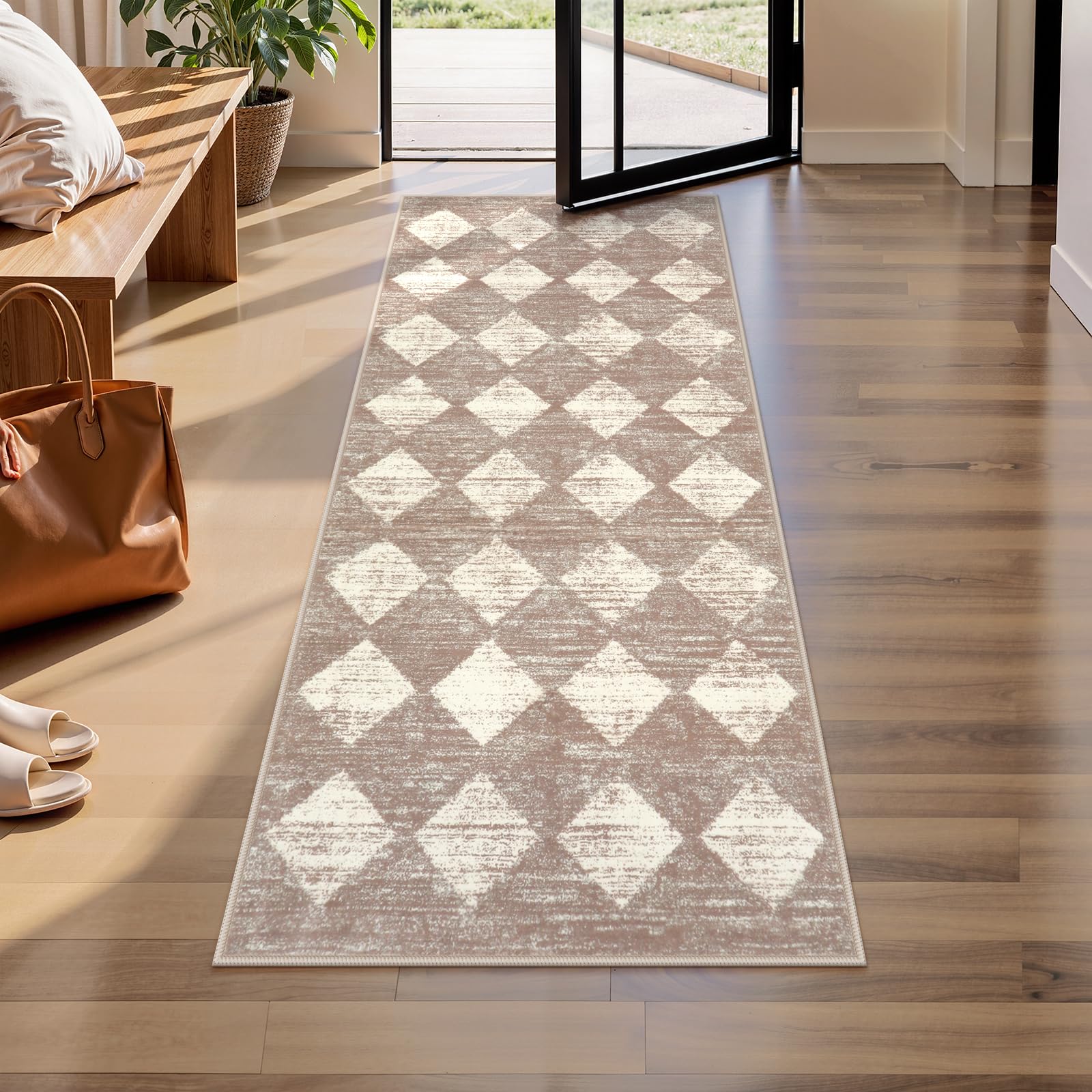 Photo 1 of Lahome Machine Washable Long Bathroom Rugs Runner, 2x5 Non Slip Entryway Rugs Indoor Kitchen Runner Rug, Moroccan Trellis Non Skid Laundry Room Carpet Runners for Bedside Entrance Living Room, Beige