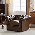 Christopher Knight Home Oakley Chesterfield Faux Leather Upholstered Club Chair,Button-Tufted 360° Swivel Chair,Scrolled Arm Living Room Sofa Chair, No Assembly Required Furniture, Dark Brown