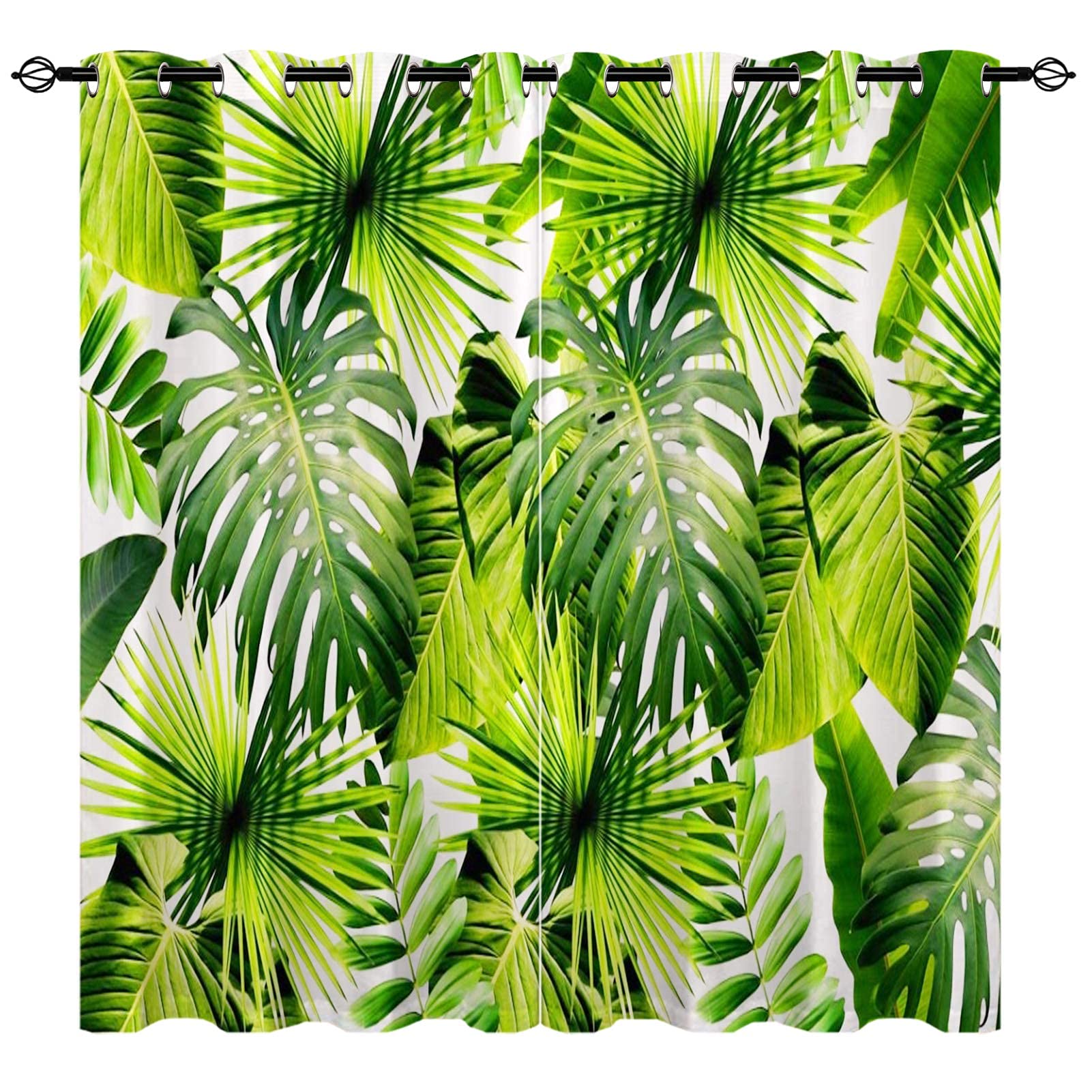YUANZU Tropical Curtains, Green Plant Palm Leaf 3D Patterns Microfiber Blackout Fabric Eyelet Window Drapes for Living Room Home Decoration and Bedroom Set of 2 Panels W117cm (46") x D137cm (54")