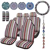 Frienda 14 Pcs Baja Car Seat Covers Full Set Multicolor Stripe Boho Print Steering Wheel Cover Seat Belt Cover Crystal Hanging Ornament Car Holders Fits (Stripe Style)