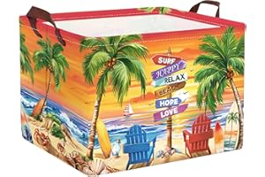 Clastyle Summer Beach Towel Storage Basket Palm Tree Lounger Kid Gift Toy Box Baby Laundry Hamper Collapsible Large Clothes Organizer Nursery Bin for Outdoor, Seashores, 40 * 30 * 30 cm