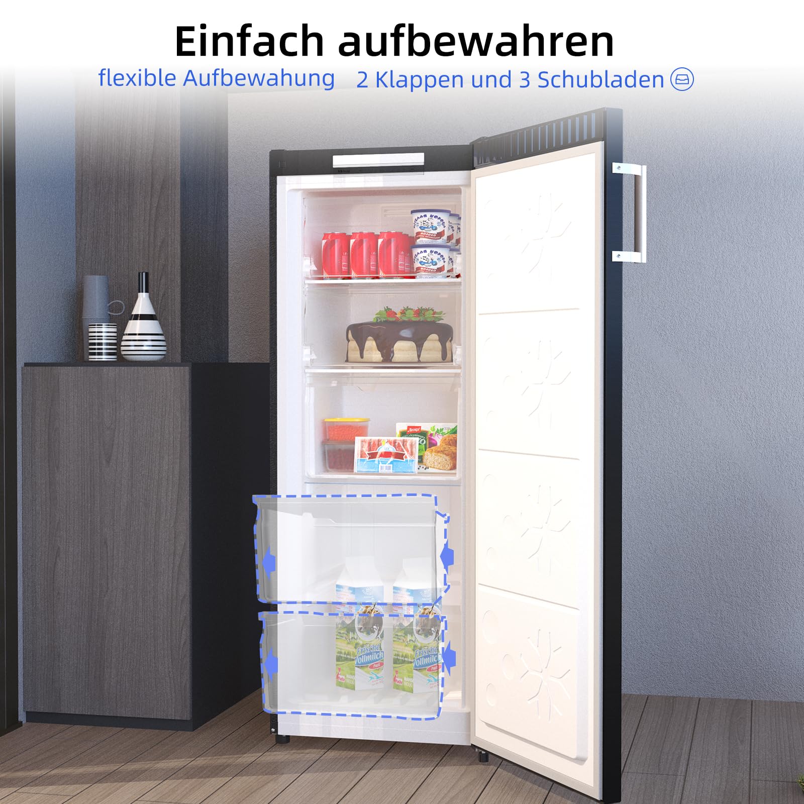 CHiQ Gefrierschrank No Frost 166 L, MultiAirflow, 4-Sterne-Gefrieren｜5 Schubladen + 1 obere Klappe, 144cm H | 209 kWh/Jahr, mit LED, Wechselbarer | Schwarz, FSD166NE4E 5