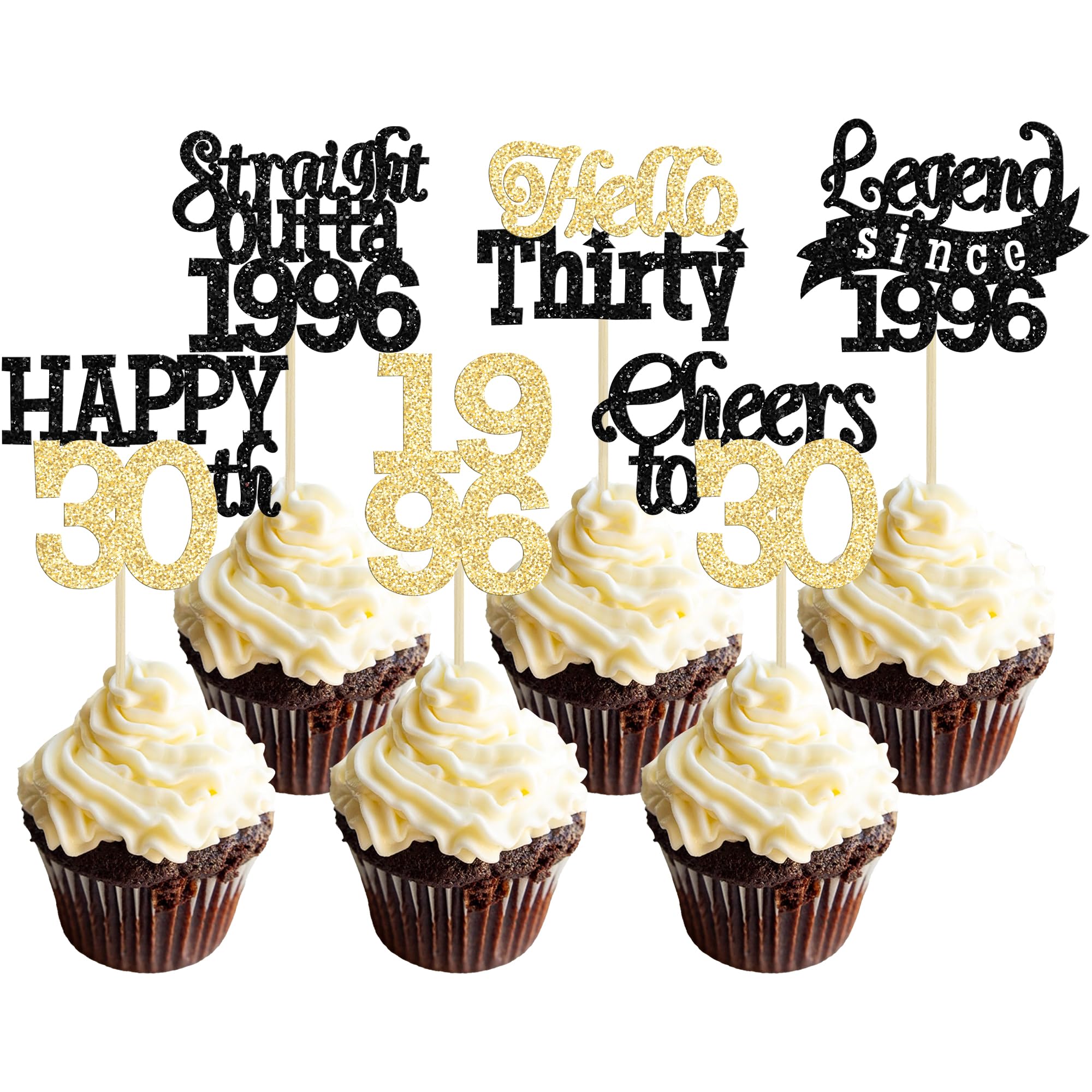 Gyufise 24Pcs Happy 30th Birthday Cupcake Toppers Hello Thirty Legend Since 1996 Cupcake Picks Cheers to 30 Years Cake Decorations for 30th Birthday Anniversary Party Supplies Black Gold โ image 1