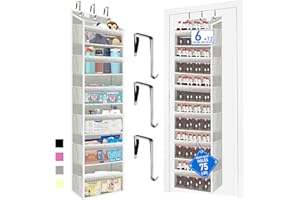 ZEBRICOLO over the door organizer, Solid Bamboo Board (Not Plastic!) 6-Tier Heavy Duty 75LB, 12 Side Pockets, 3 Reinforced Hooks & Anti-Slip Pads, Waterproof & Washable, No Sagging, No Door Damage,Grey