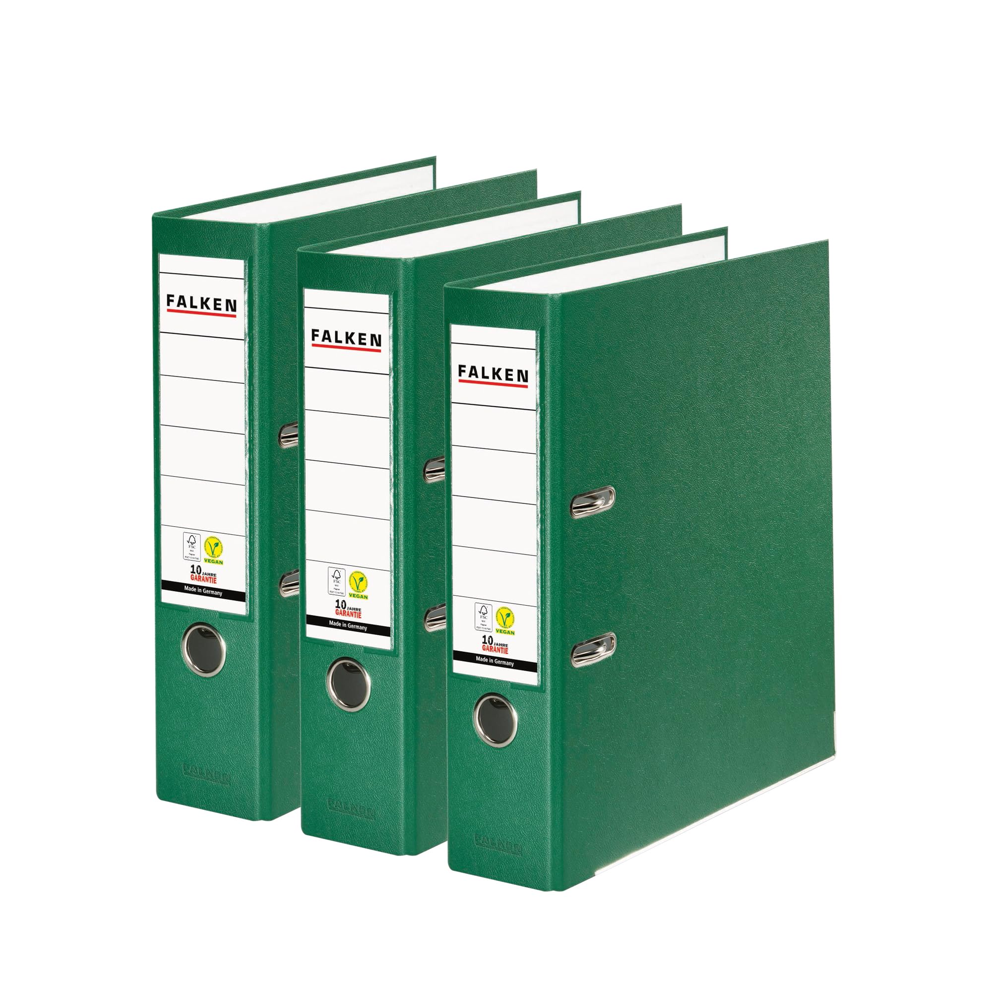 FALKEN Original Pack of 3 Polypropylene Green A4 Vegan Plastic Folders, Made in Germany, 8 cm Wide, DIN A4, Ring Binder, Office Folder