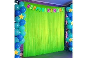 PIGETALE Glow in The Dark Party Supplies, 2 Pack Neon Party Decorations 6.6 x 6.6 ft Fluorescent Macaron Green Tinsel Foil Fringe Curtains, Photo Booth Prop Backdrop UV Blacklight Luminous Streamer