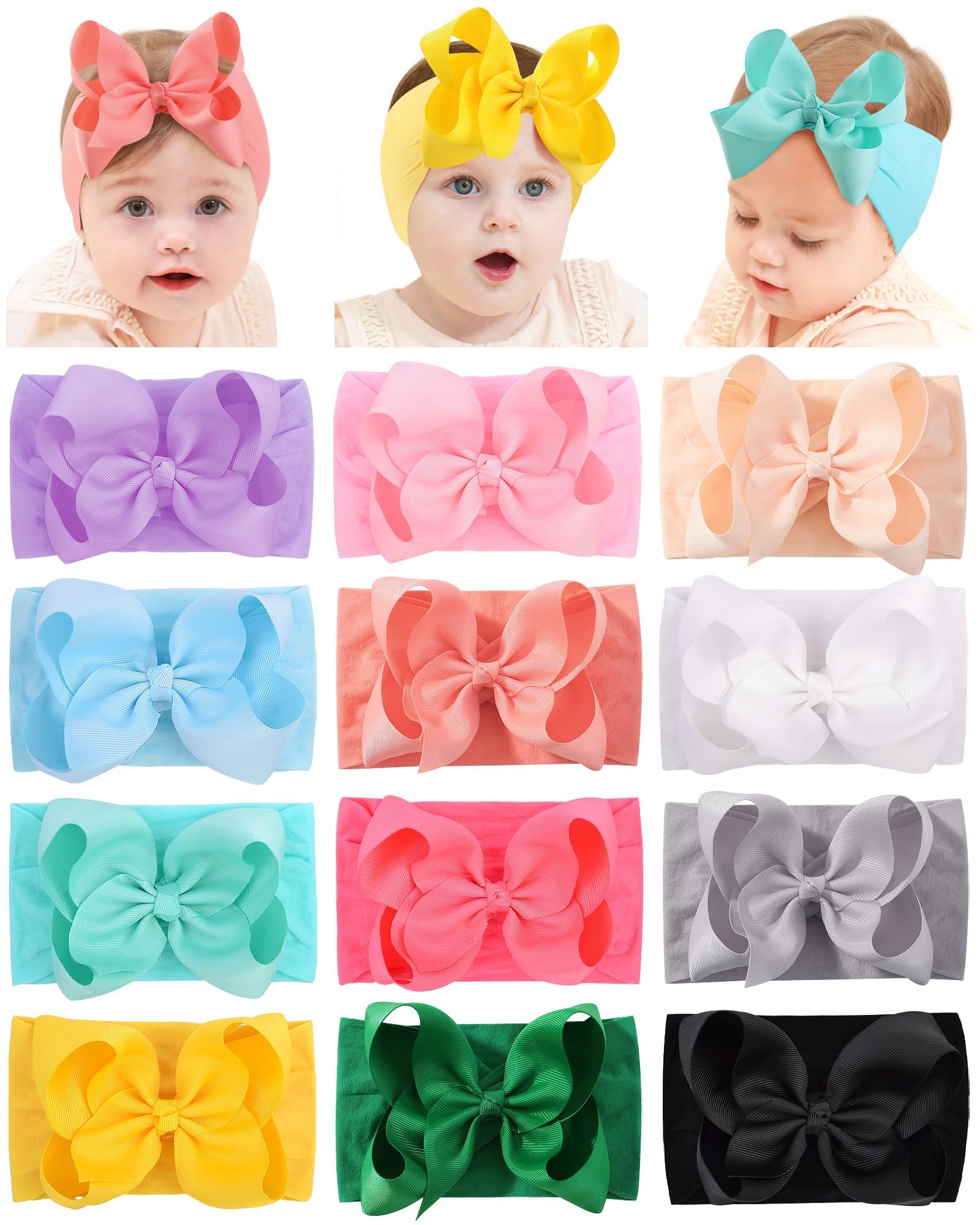 Photo 1 of doboi Baby Girl Headbands, 12pcs Nylon Headbands with Big Baby Bows, Hair Accessories for Infant Newborn Toddler