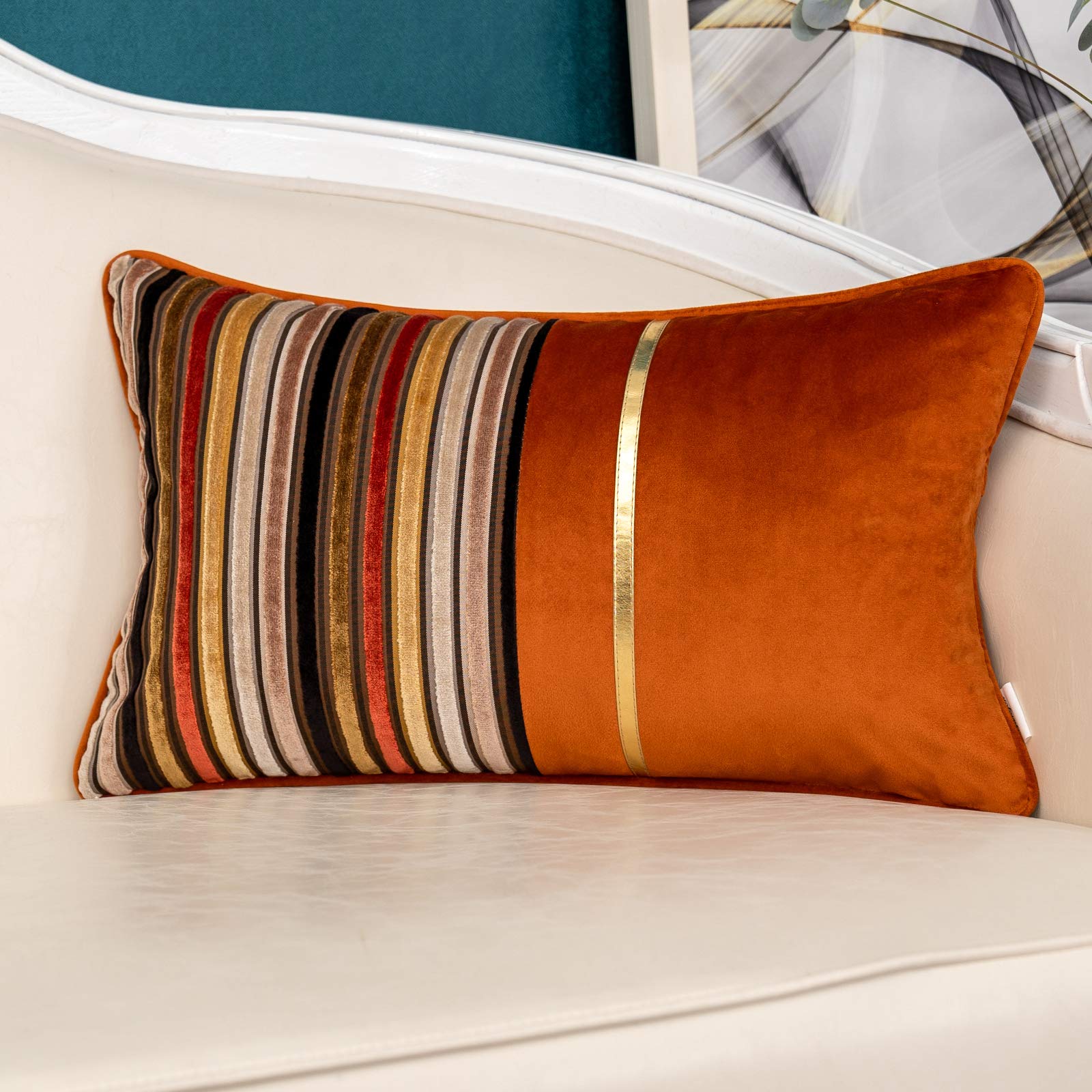 Photo 1 of Yangest Orange Striped Patchwork Throw Pillow Cover Gold Leather Cushion Cover Zippered Rectangular Pillowcase for Sofa Couch Bedroom Living Room Home Decoration, 12x20 Inch