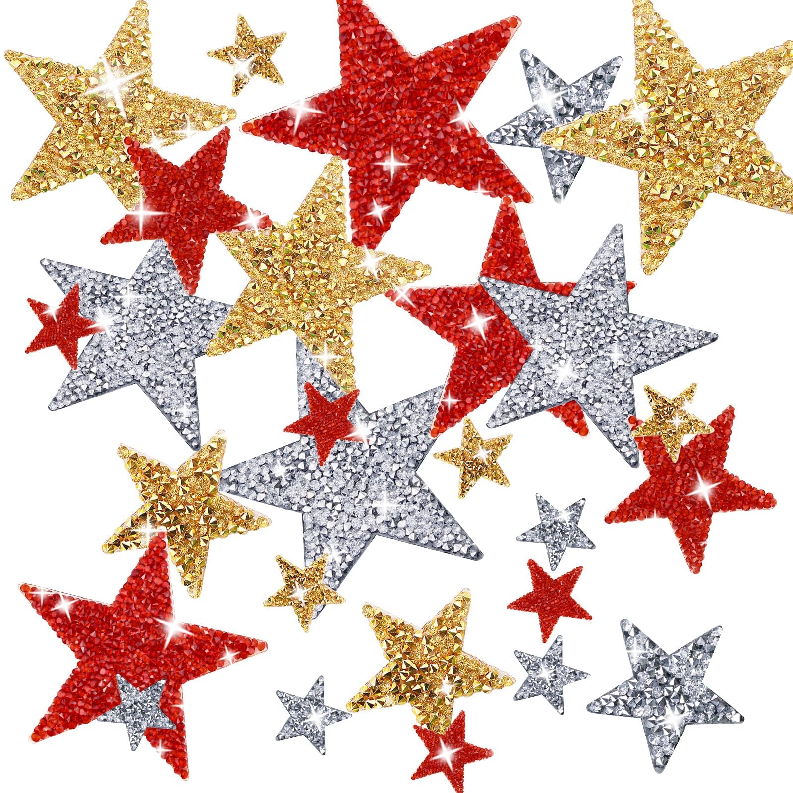 Photo 1 of 27 Pieces Rhinestone Star Patches for DIY, 4 Sizes Iron On Adhesive Glitter Star Appliques for Clothing Repair and Decoration (Gold, Silver, Red, Mixed Size)