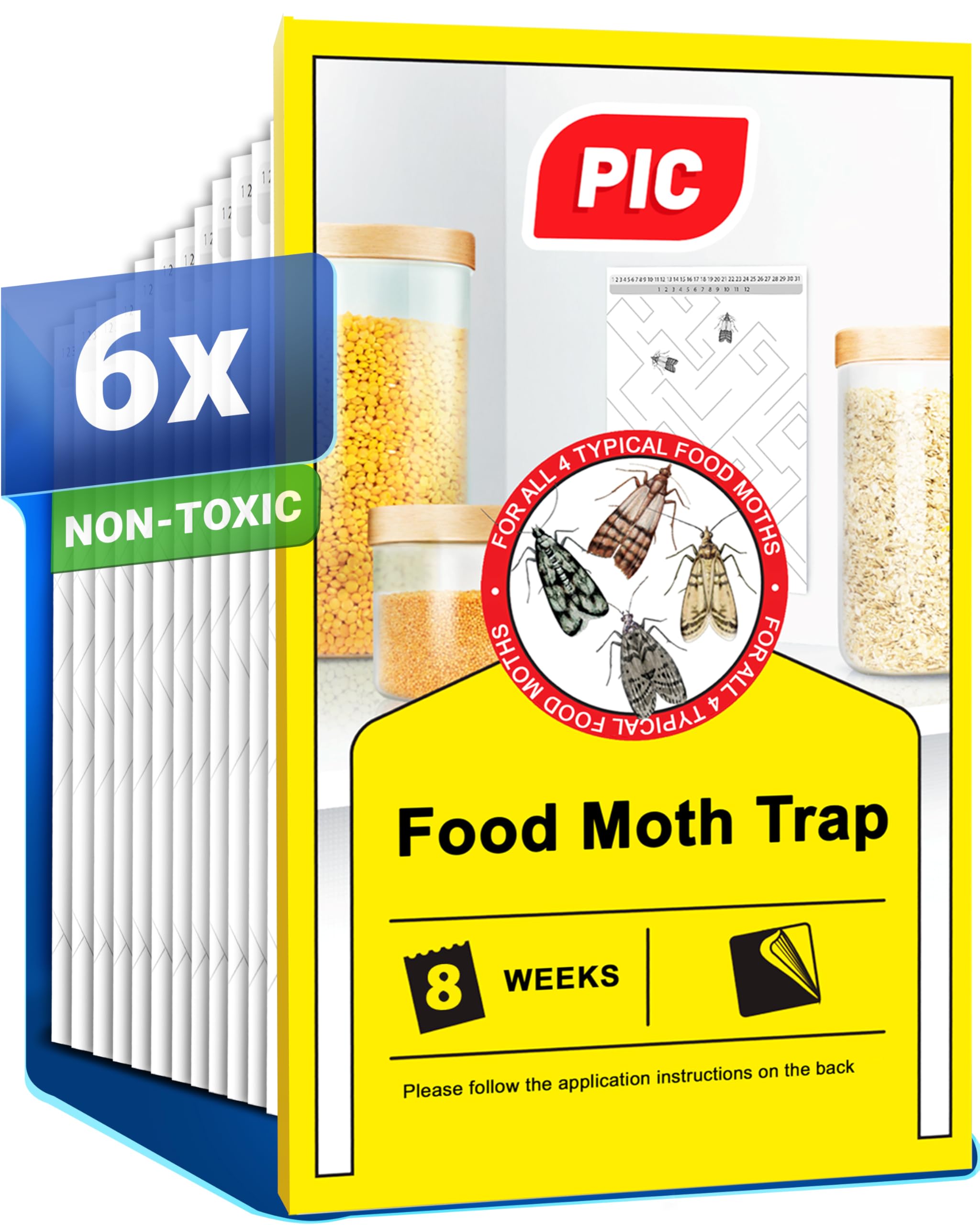 PIC Pantry Moth Trap - 6x Food Moth Traps, Odour-Free, Insecticide-Free, Kitchen Sticky traps for detecting food moth infestations