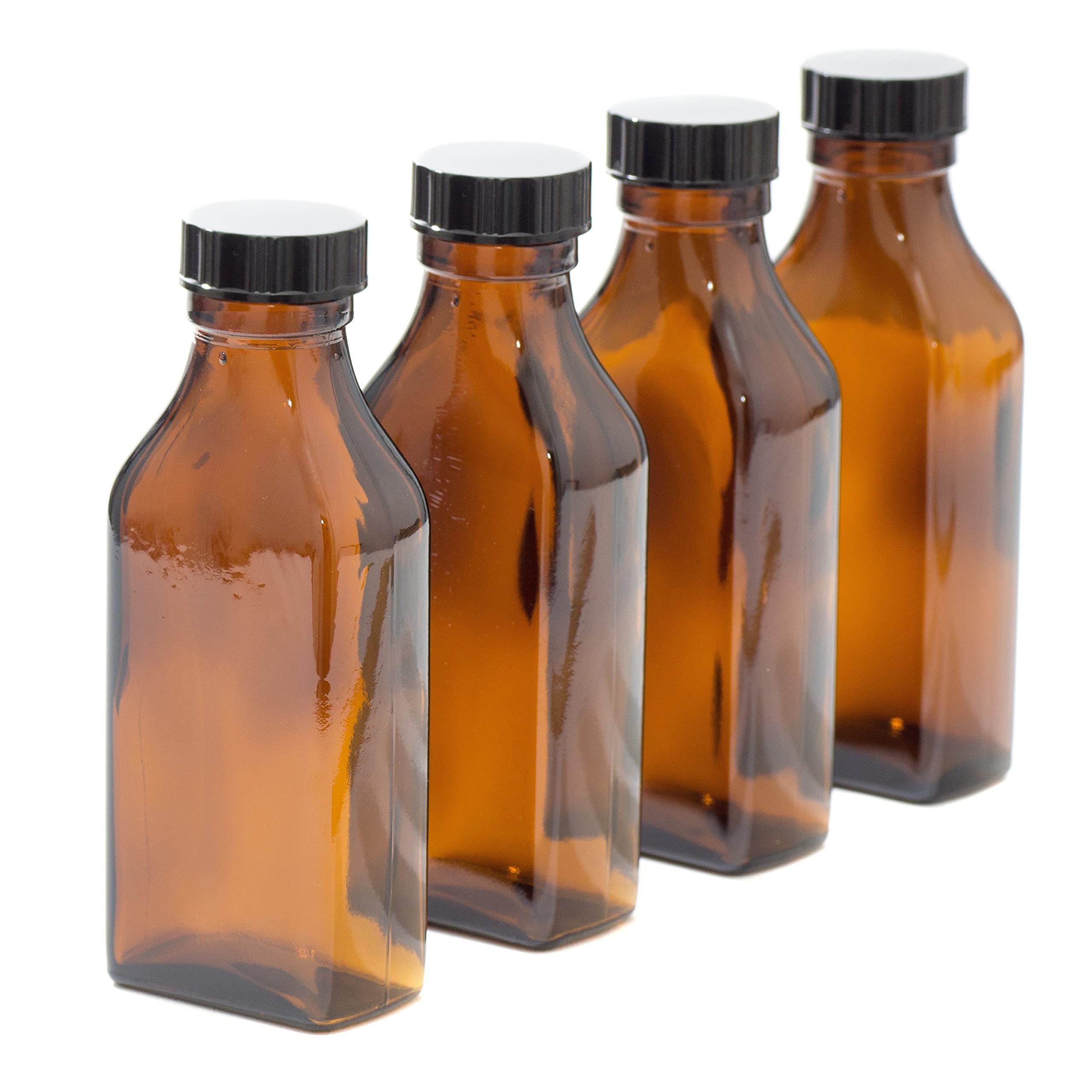 Aura 100ml Rectangular AMBER Glass Bottles with Black Lids - PACK of 4