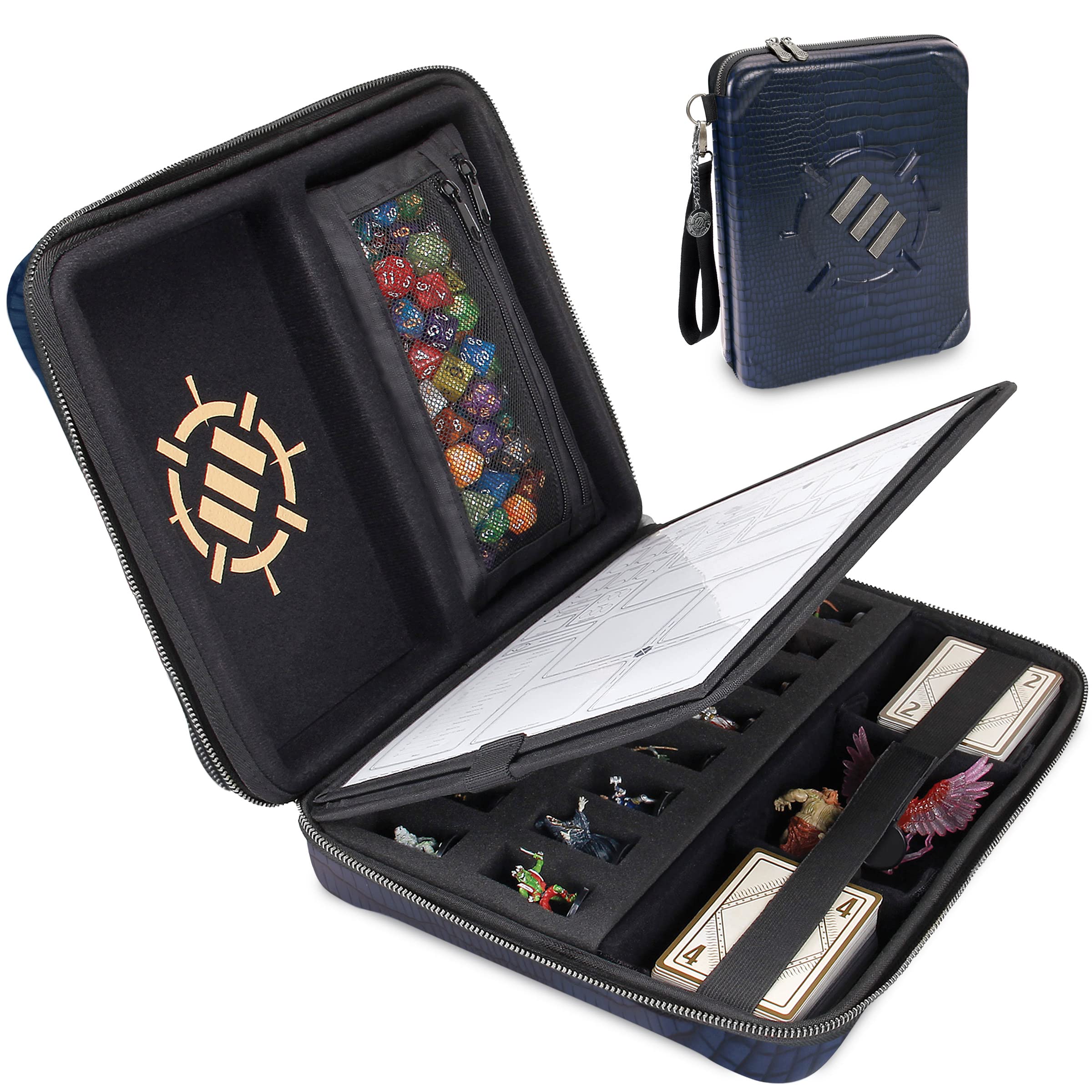 ENHANCE Collector's Edition RPG Organizer Case - DnD Binder with Built-in Character Sheet Holder and Erasable Scribe Panel, Dice Rolling Area, Removable Pen Pouch, Miniature Foam Tray (Dragon Blue)