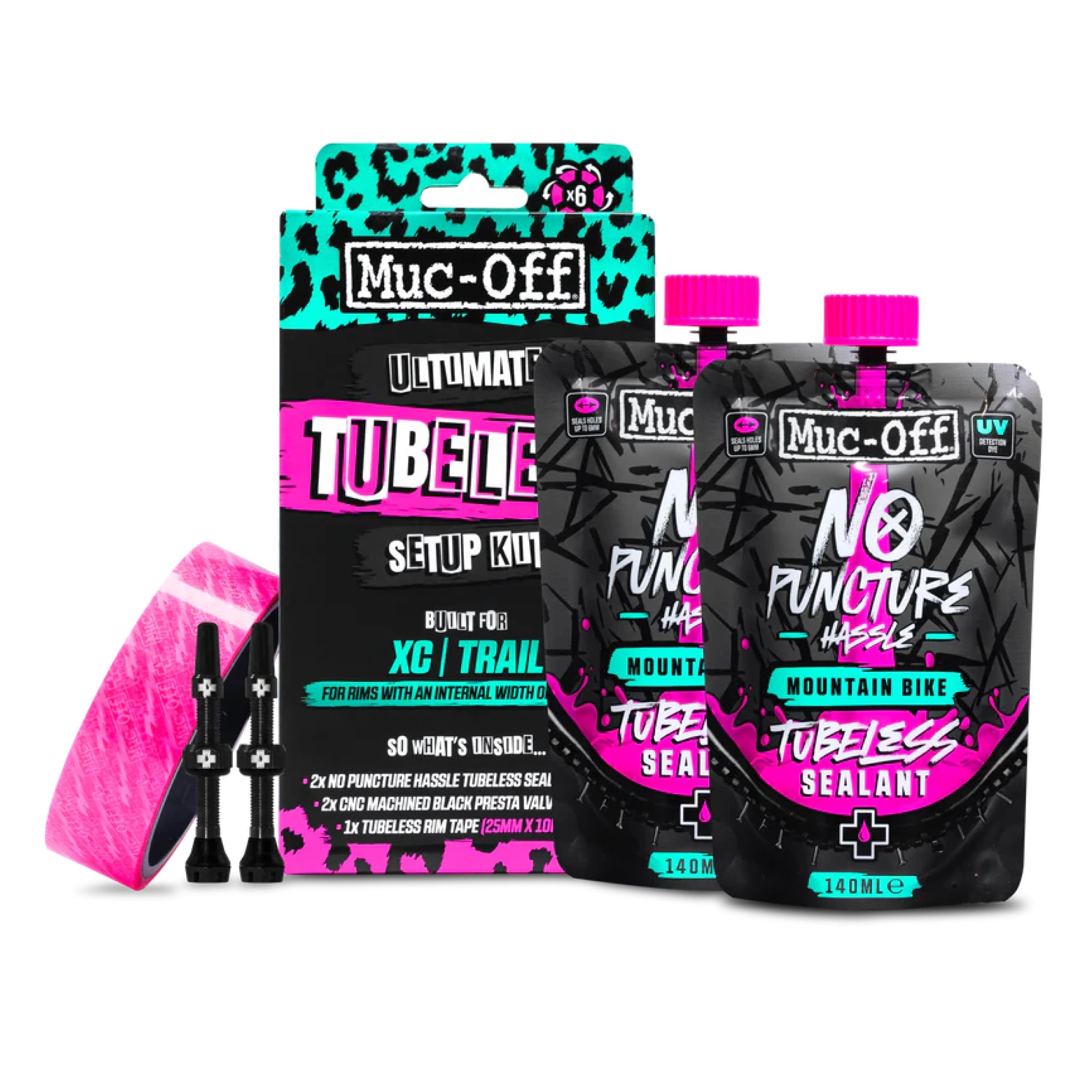 Muc-Off Ultimate Tubeless Setup Kit - Complete Tubeless Conversion Kit with Sealant, Rim Tape, Valves, and Patches - Fits MTB, Road, Gravel & CX Wheels - XC/Trail (25mm Tape / 44mm Valves)