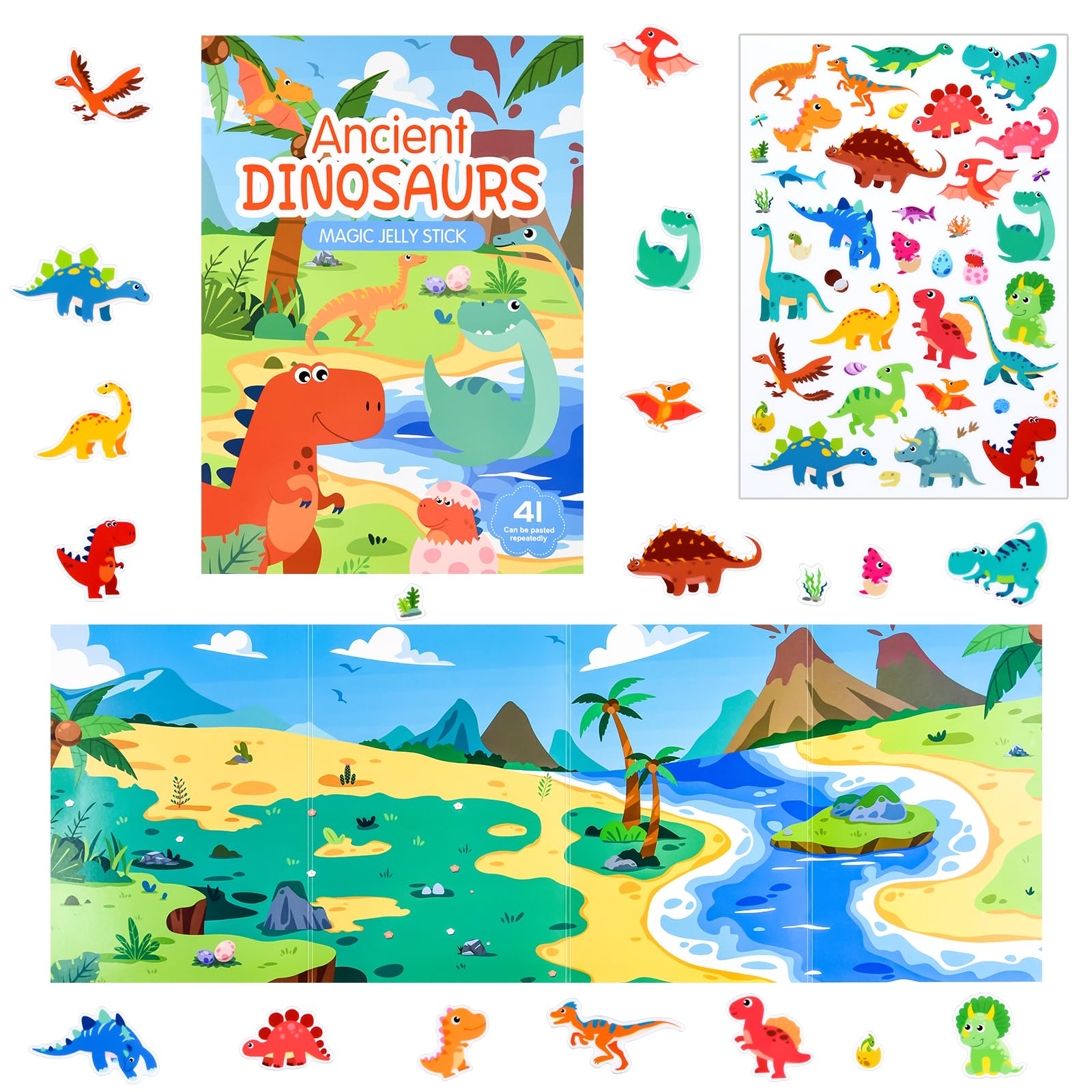 ASTARON Dinosaur Sticker Book for Toddlers, Reusable Cute Waterproof Dinosaur Stickers, Plane Activities Travel Toys for Kids, Educational Sensory Learning Toy Busy Book