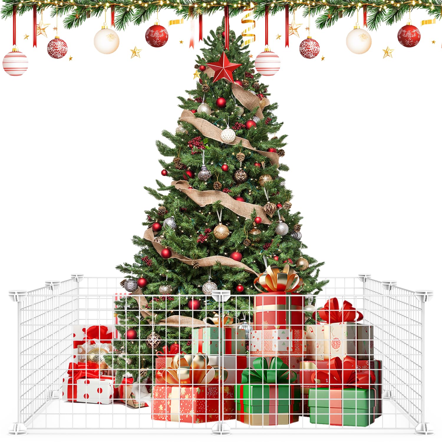 Photo 1 of 8 Pieces Christmas Tree Fences, 50 * 75Cm/19 * 29Inch Mini Metal Christmas Fence Panels for Protecting The Tree from Pets and Puppy Dogs, White