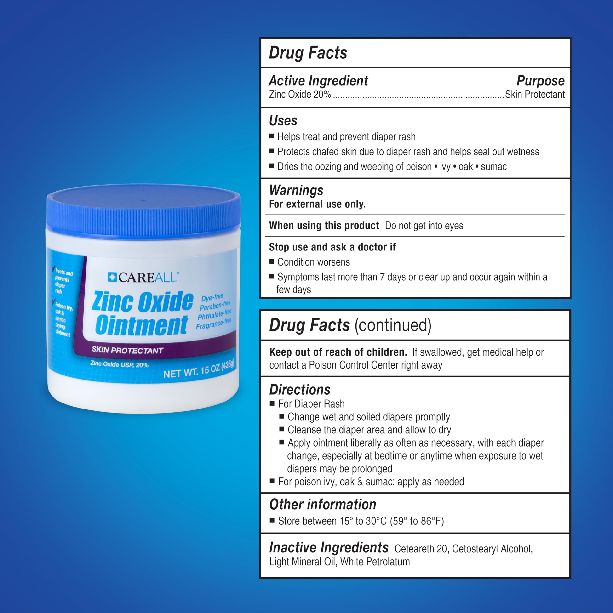 CareAll Zinc Oxide 20% Skin Protectant Barrier Ointment 15 oz., Provides Relief, Prevention and Treatment for Chafing due to Diaper Rash. Helps Seal Out Wetness. Non-Nano.